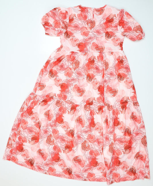 SheIn Womens Red Floral Cotton A-Line Size S Round Neck Button