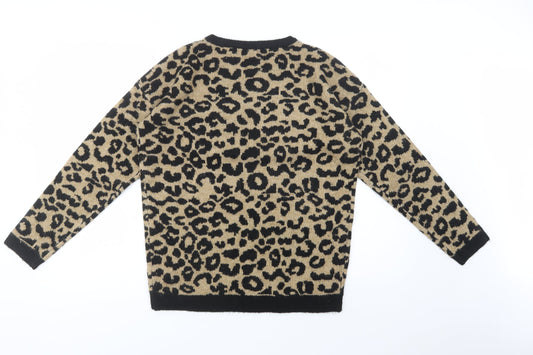 Introspect Womens Beige Crew Neck Animal Print Acrylic Pullover Jumper Size M