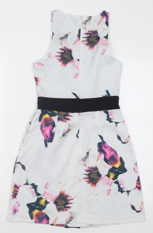 Missguided Womens White Floral Polyacrylate Fibre A-Line Size 6 Crew Neck Zip