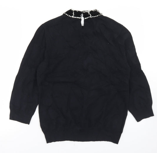 Savida Womens Black Crew Neck Cotton Pullover Jumper Size L - Velour Collar