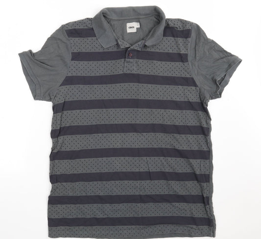 ASOS Mens Grey Striped 100% Cotton Polo Size L Collared Button