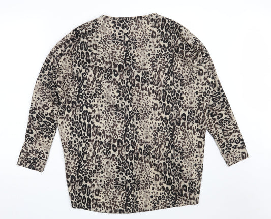 QED London Womens Brown V-Neck Animal Print Polyester Pullover Jumper Size M - Size M/L