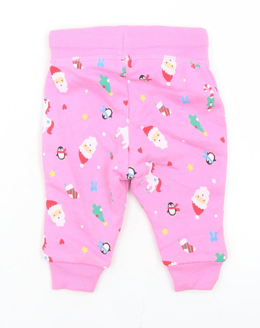 Dunnes Stores Girls Pink Geometric Cotton Jogger Trousers Size 3-6 Months Drawstring - Christmas Doodles