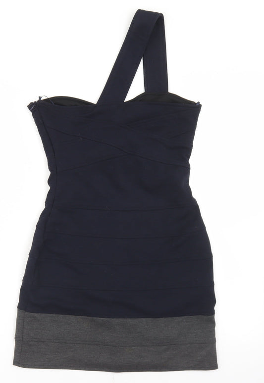 Topshop Womens Blue Colourblock Polyester Bodycon Size 10 One Shoulder Zip