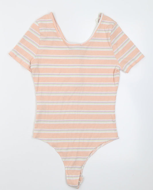 pri mRK Womens Orange Striped Polyester Bodysuit One-Piece Size S Button