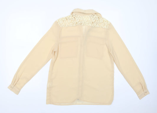 Boohoo Womens Beige Polyester Basic Button-Up Size 8 Collared - Lace Detail
