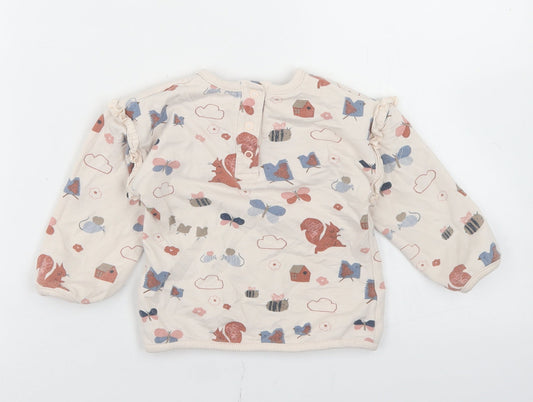 Marks and Spencer Girls Beige Geometric Cotton Basic T-Shirt Size 12-18 Months Crew Neck Snap - Woodland Creatures