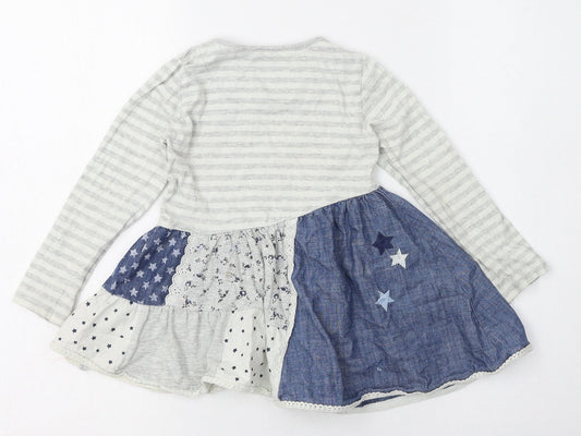 NEXT Girls Grey Patchwork Cotton Skater Dress Size 2-3 Years Round Neck Pullover