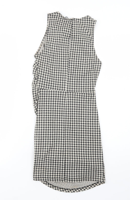 Zara Womens Grey Check Polyester Bodycon Size S Crew Neck Button