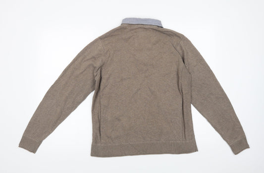Marks and Spencer Mens Beige Collared Cotton Henley Jumper Size M