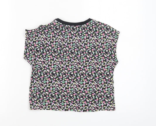 Marks and Spencer Girls Black Floral Cotton Basic T-Shirt Size 5-6 Years Crew Neck Pullover