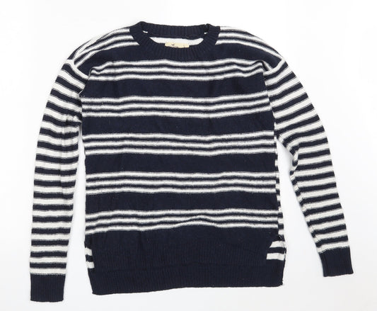 Hollister Womens Blue Round Neck Striped Acrylic Pullover Jumper Size S