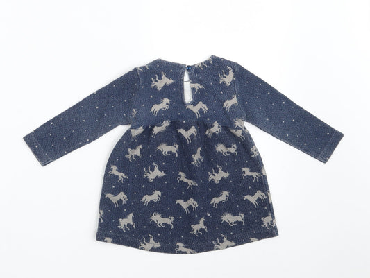 Zara Girls Blue Animal Print Cotton A-Line Size 9-12 Months Round Neck Button - Unicorn