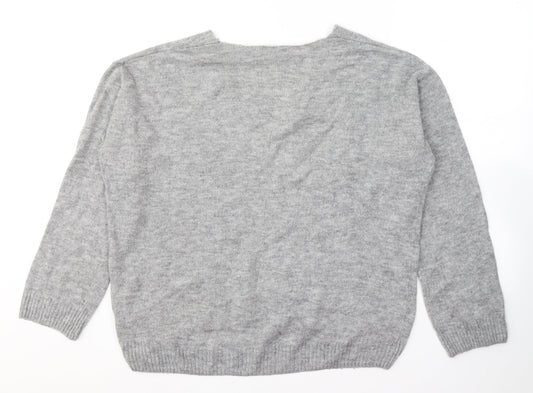 H&M Womens Grey V-Neck Acrylic Pullover Jumper Size S