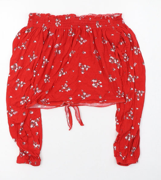 H&M Womens Red Floral Viscose Cropped T-Shirt Size 8 Off the Shoulder