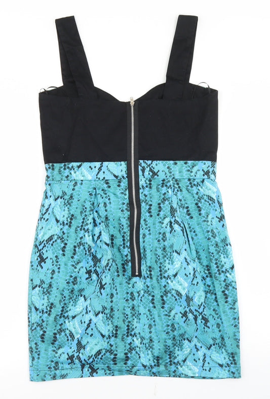 Drama Queen Womens Blue Animal Print Cotton Pencil Dress Size 12 Sweetheart Zip