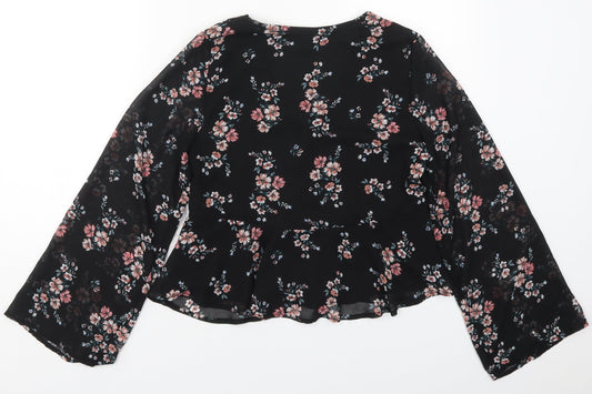 H&M Womens Black Floral Polyester Basic Blouse Size 6 V-Neck