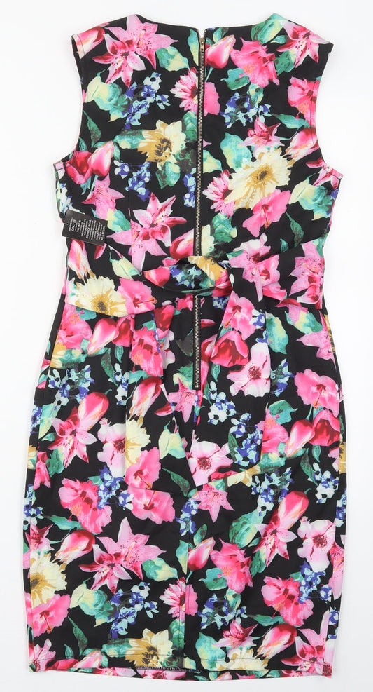 Amber Womens Pink Floral Polyester Pencil Dress Size XS V-Neck Zip