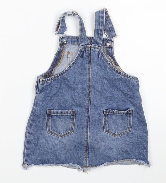 Denim & Co. Girls Blue 100% Cotton Pinafore/Dungaree Dress Size 18-24 Months Square Neck