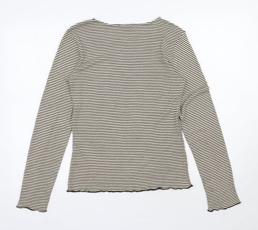 Zara Womens Beige Striped Polyester Basic Blouse Size L Round Neck