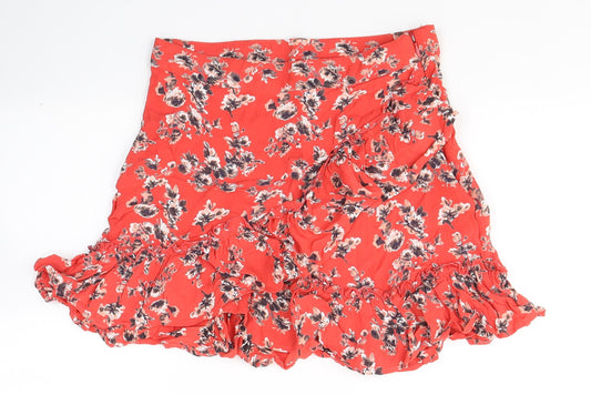 Topshop Womens Red Floral Viscose Flare Skirt Size 8 Zip
