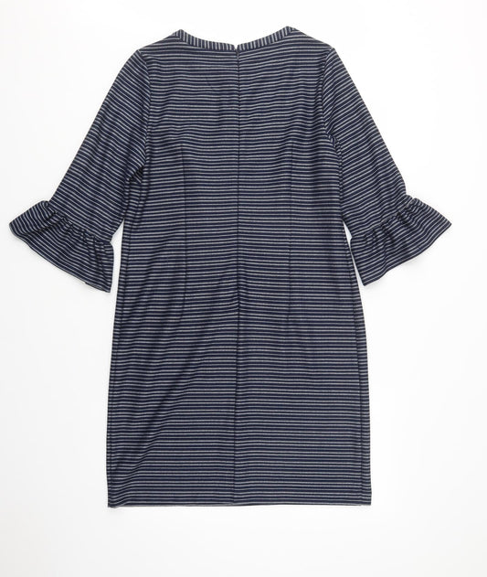 TU Womens Blue Striped Polyester Shift Size 12 Crew Neck Zip