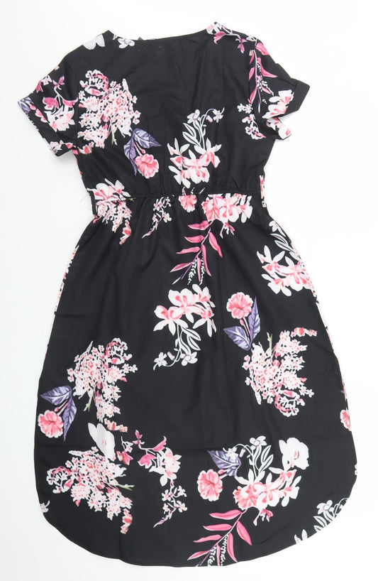 Sheilay Womens Black Floral Polyester Fit & Flare Size S Round Neck