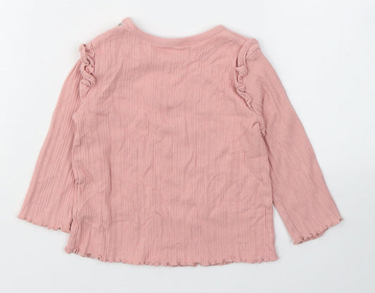 Fred&Flo Girls Pink Cotton Basic Casual Size 6-9 Months Round Neck Pullover - Happy