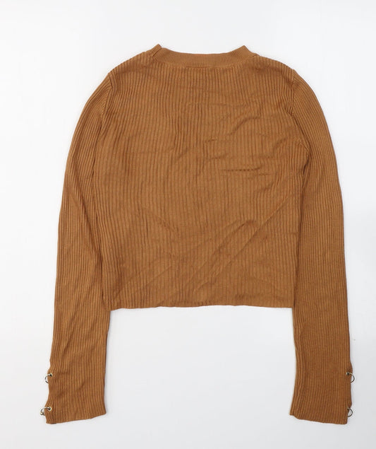 Topshop Womens Brown Acrylic Basic Blouse Size 6 Round Neck