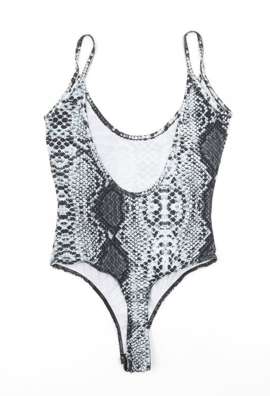 PRETTYLITTLETHING Womens Grey Animal Print Polyester Bodysuit One-Piece Size 8 Snap