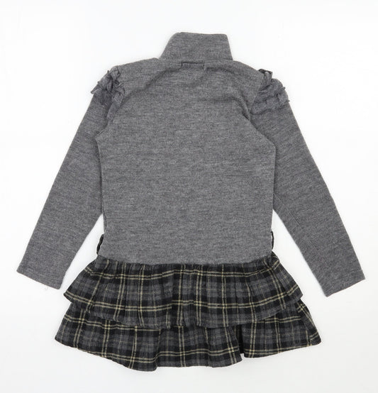 Shialy Girls Grey Plaid Cotton Jumper Dress Size 10 Years High Neck Pullover