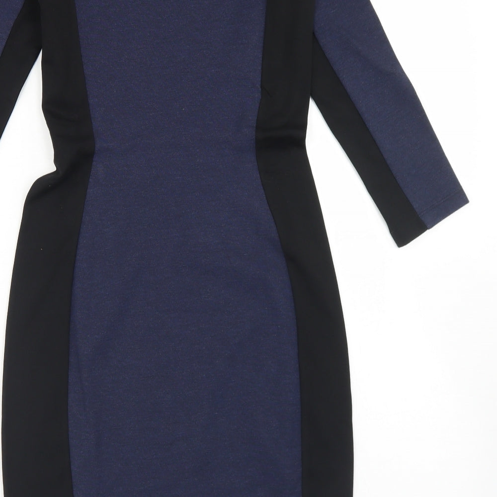 H&M Womens Blue Colourblock Viscose Bodycon Size XS Round Neck