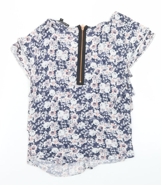 Marks and Spencer Womens Blue Floral Viscose Basic T-Shirt Size 8 Round Neck