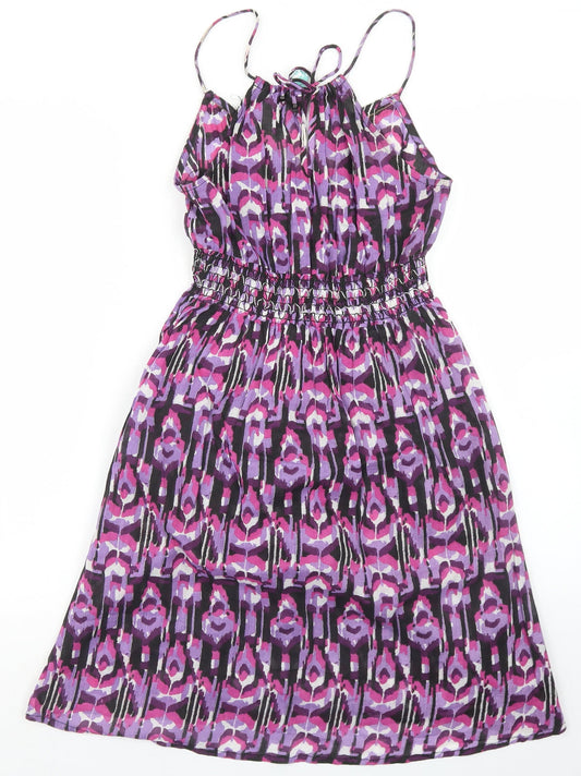 Ocean Club Womens Purple Animal Print Cotton Skater Dress Size 8 Round Neck