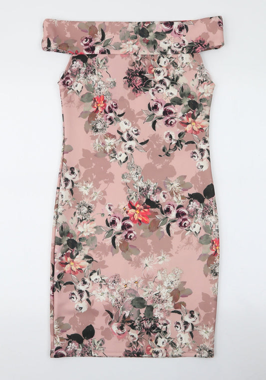 Boohoo Womens Pink Floral Polyester Pencil Dress Size M Off the Shoulder Pullover