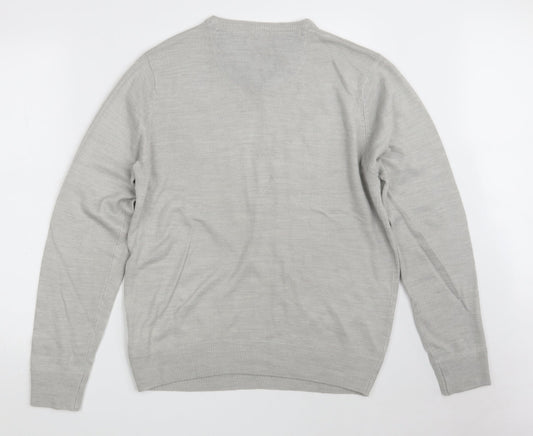 Brave Soul Mens Grey V-Neck Acrylic Pullover Jumper Size L