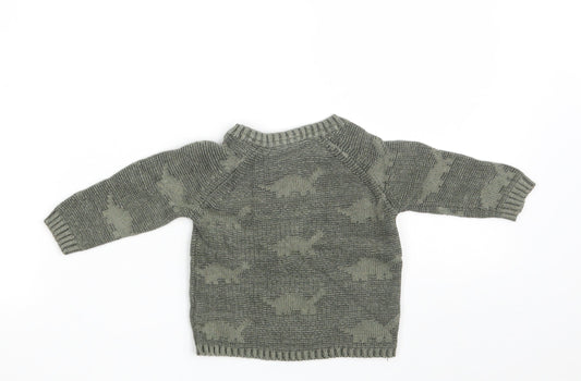 George Boys Green 100% Cotton Pullover Jumper Size 3-6 Months Button - Dinosaurs