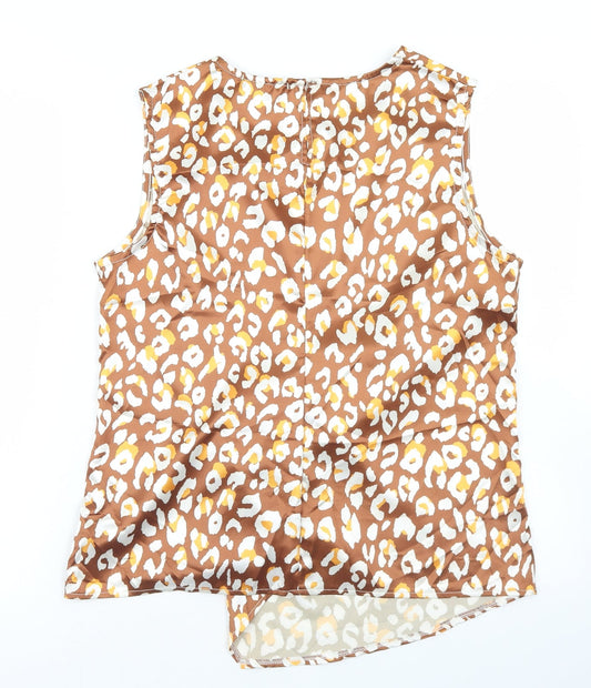 Lookagain Womens Brown Animal Print Polyester Basic Blouse Size 14 Round Neck