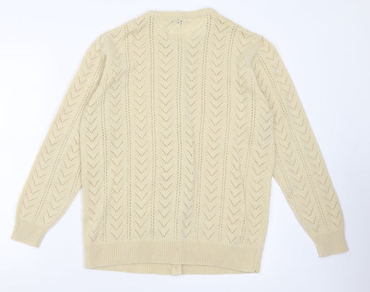 Classic Womens Ivory Crew Neck Geometric Acrylic Cardigan Jumper Size 12