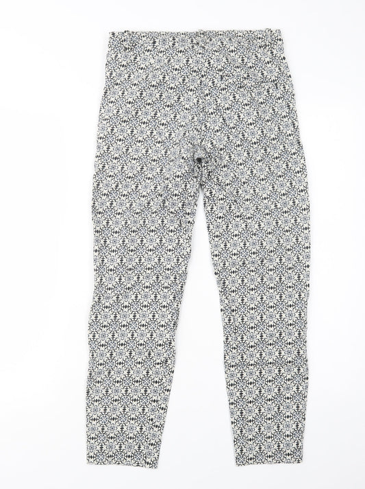 H&M Womens Blue Geometric Cotton Trousers Size 6 L26 in Regular Button