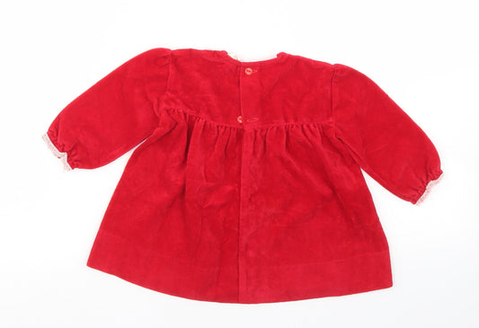 Preworn Girls Red Triacetate Tunic Blouse Size 9-12 Months Round Neck Button - Lace trim