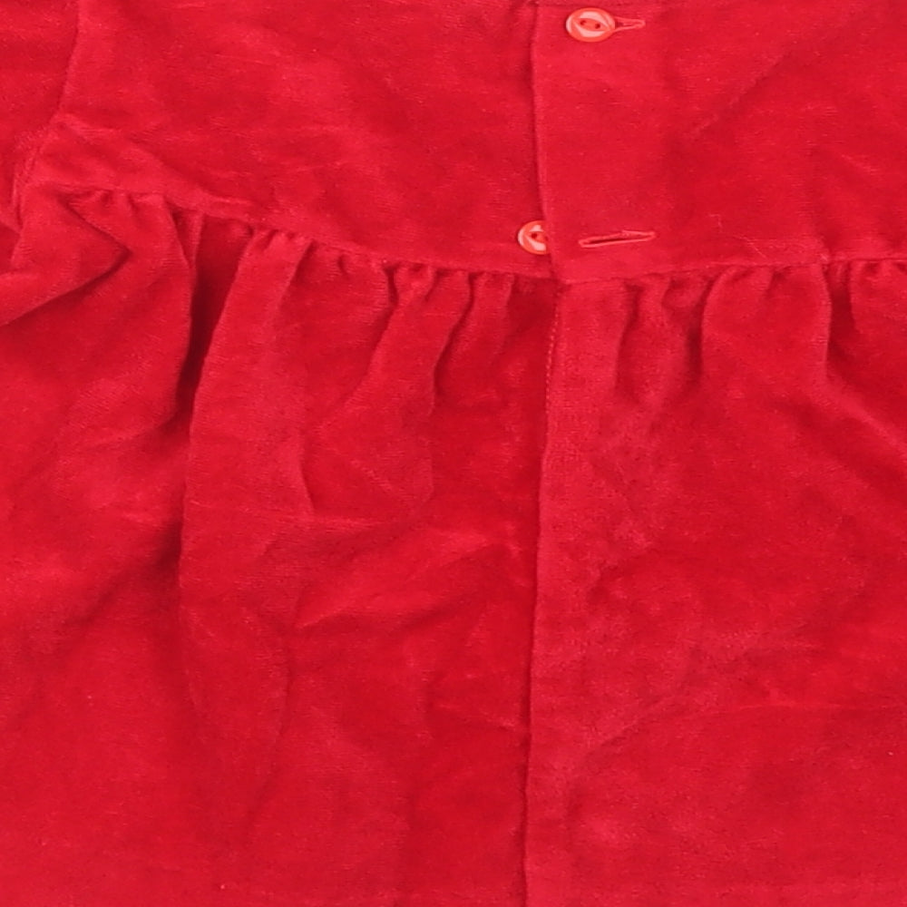 Preworn Girls Red Triacetate Tunic Blouse Size 9-12 Months Round Neck Button - Lace trim
