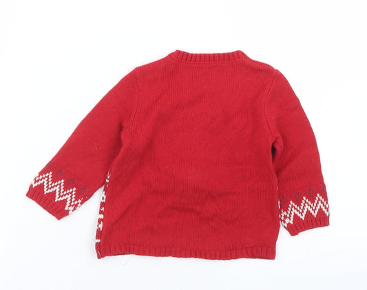 Preworn Girls Red Fair Isle Acrylic Pullover Jumper Size 3-6 Months Button - Reindeer Christmas