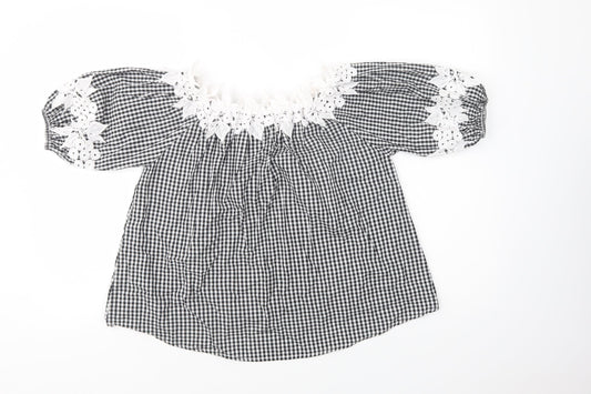 Preworn Womens Black Check Cotton Basic Blouse Size M Off the Shoulder - Lace Detail