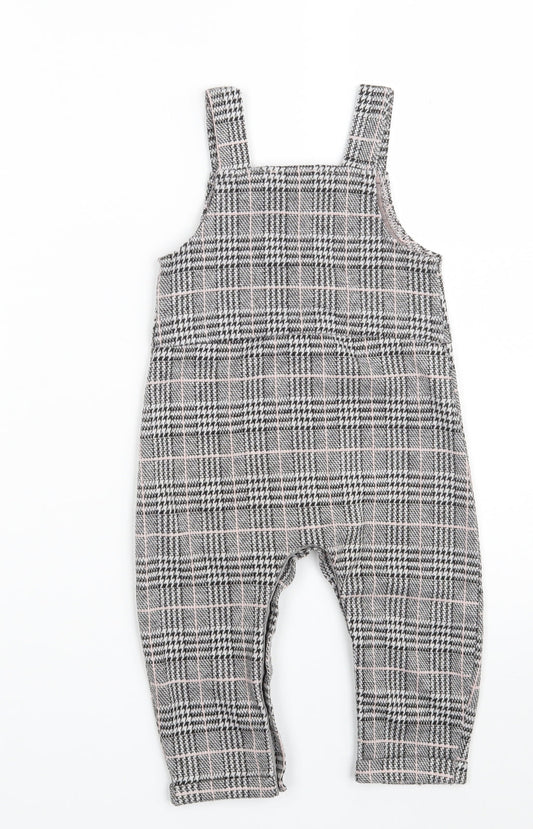 Primark Girls Grey Check Polyester Pinafore/Dungaree Dress Size 9-12 Months Square Neck Button