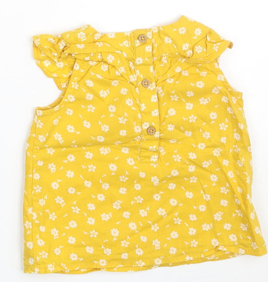 Primark Girls Yellow Floral 100% Cotton A-Line Size 6-9 Months Round Neck Button