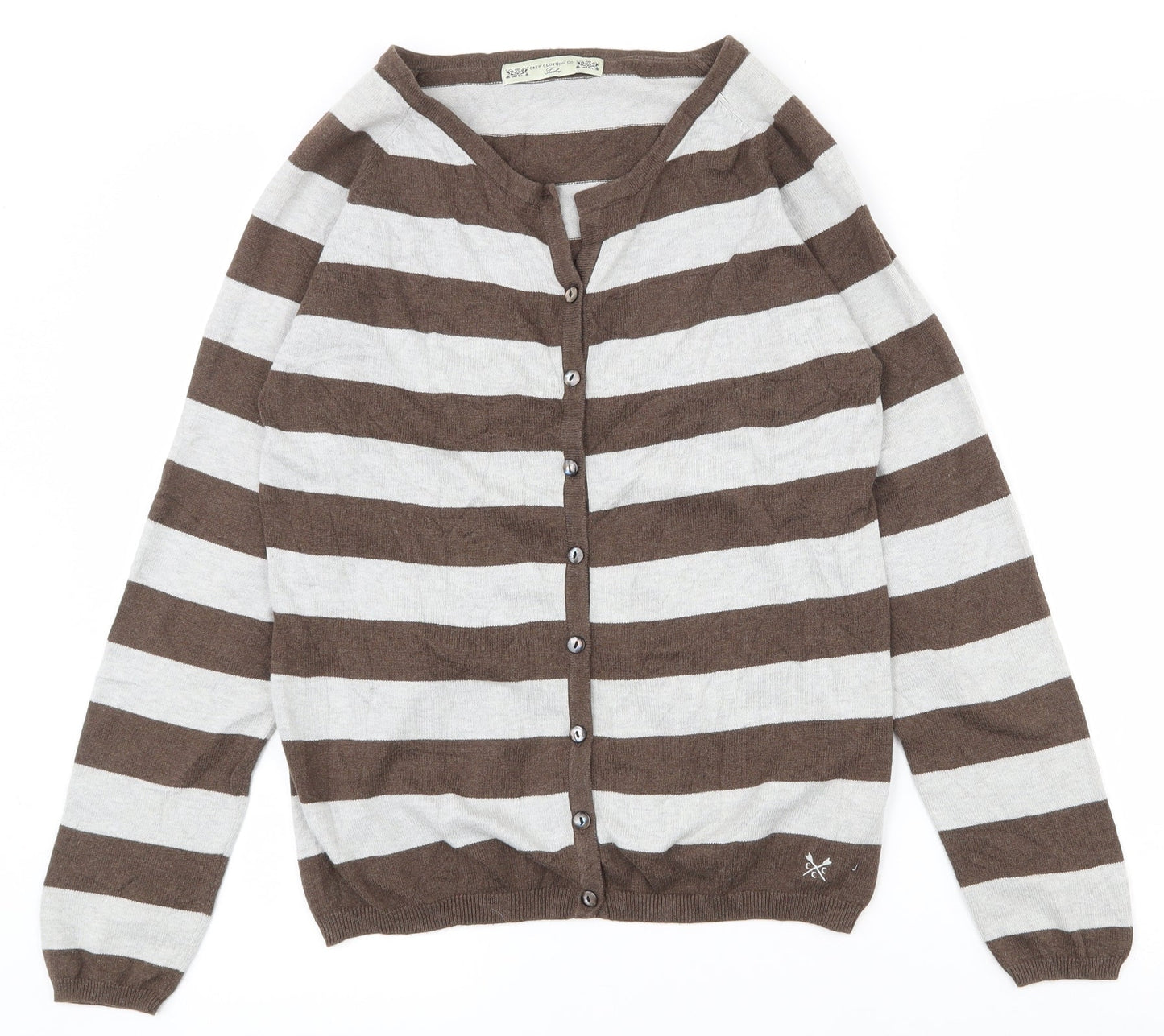 Crew Clothing Womens Brown Scoop Neck Striped 100% Cotton Cardigan Jumper Size 12