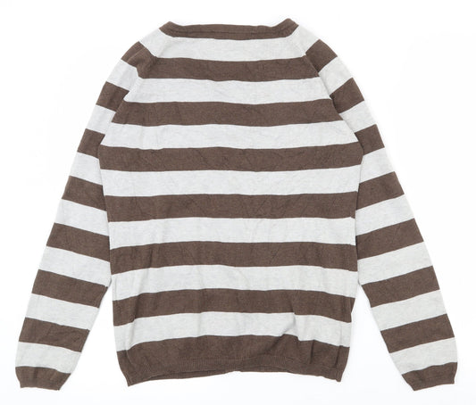 Crew Clothing Womens Brown Scoop Neck Striped 100% Cotton Cardigan Jumper Size 12