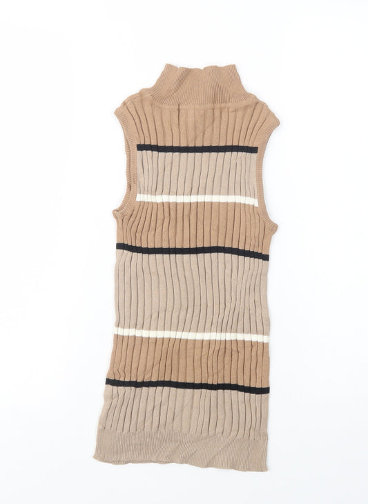 Select Womens Beige High Neck Striped Cotton Pullover Jumper Size 6