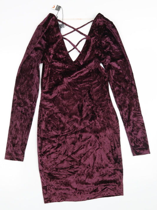 Primark Womens Purple Polyester Bodycon Size 8 V-Neck Drawstring